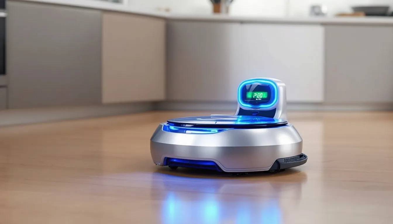 A robot vacuum is positioned in its charging dock, ready for its next cleaning session. This advanced device features strong suction power and innovative cleaning modes, making it ideal for tackling pet hair and fine dust on various surfaces, including hardwood floors and carpets.