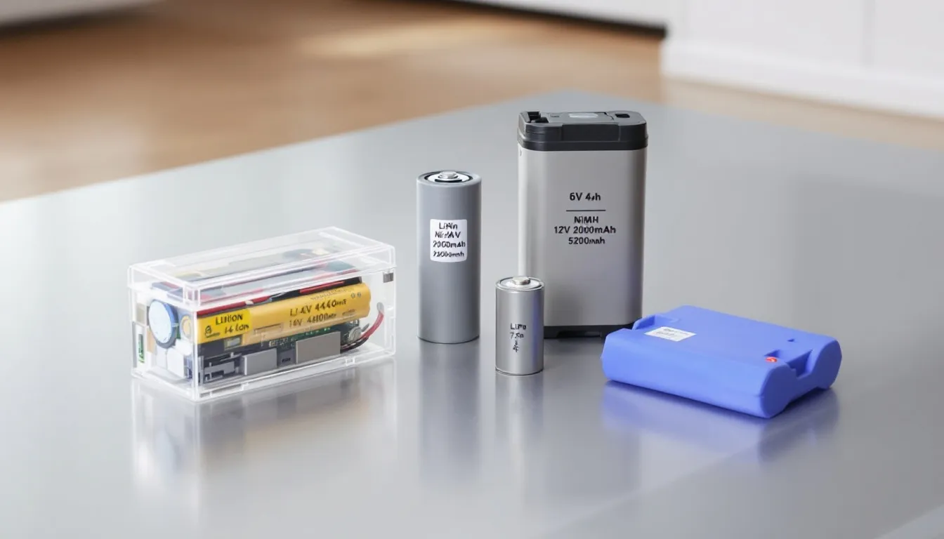 In the image, various types of batteries used in robot vacuums are displayed, highlighting their importance for optimal performance in cleaning modes and ensuring hands-free cleaning. The batteries are shown alongside a robot vacuum, emphasizing their role in providing strong suction power and innovative features for effective vacuuming and mopping.