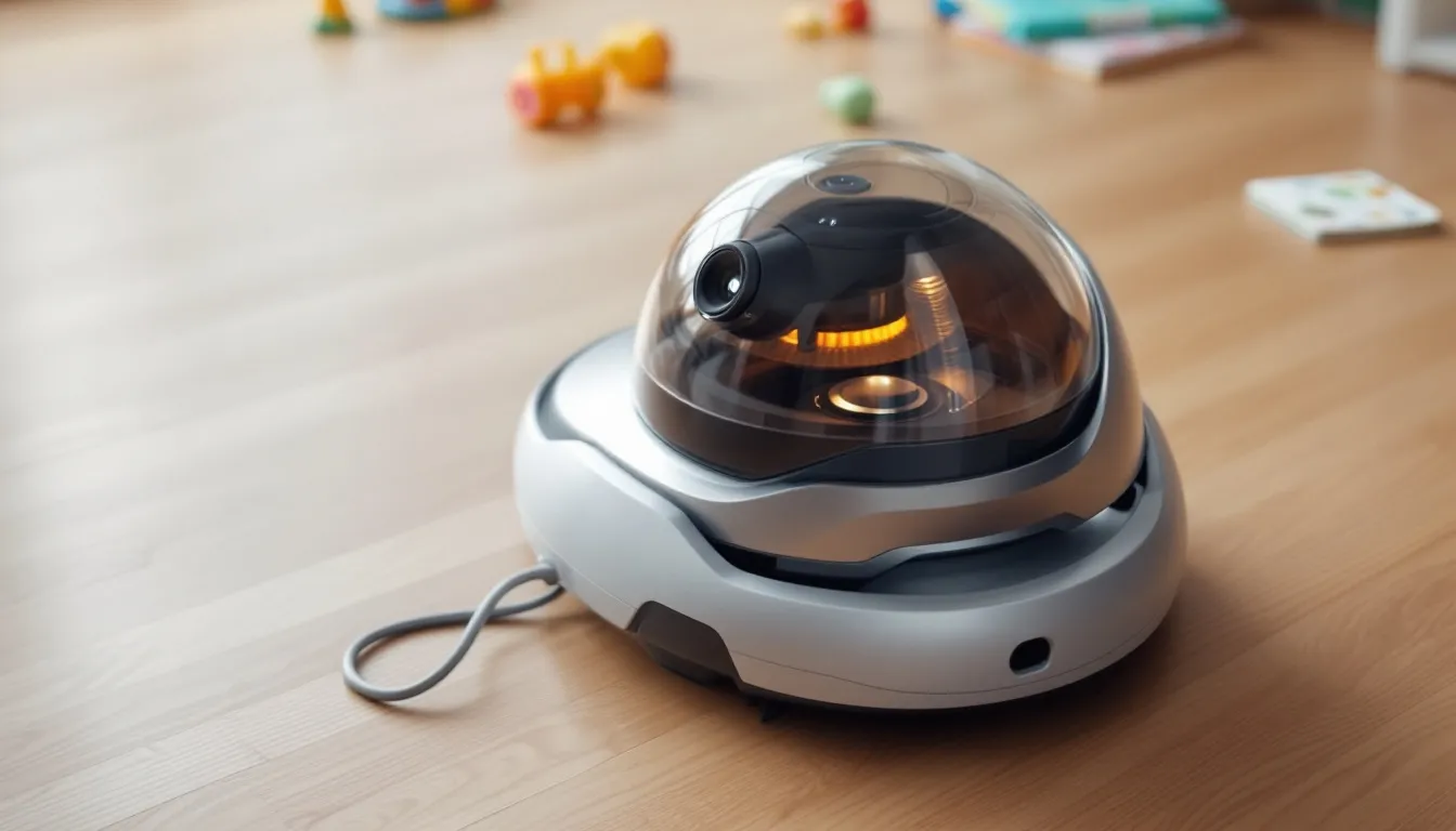 A compact robot vacuum is shown navigating a hardwood floor, equipped with advanced features like strong suction power and a side brush for effective cleaning. It is designed for hands-free cleaning, capable of vacuuming and mopping, making it ideal for tackling pet hair and fine dust.
