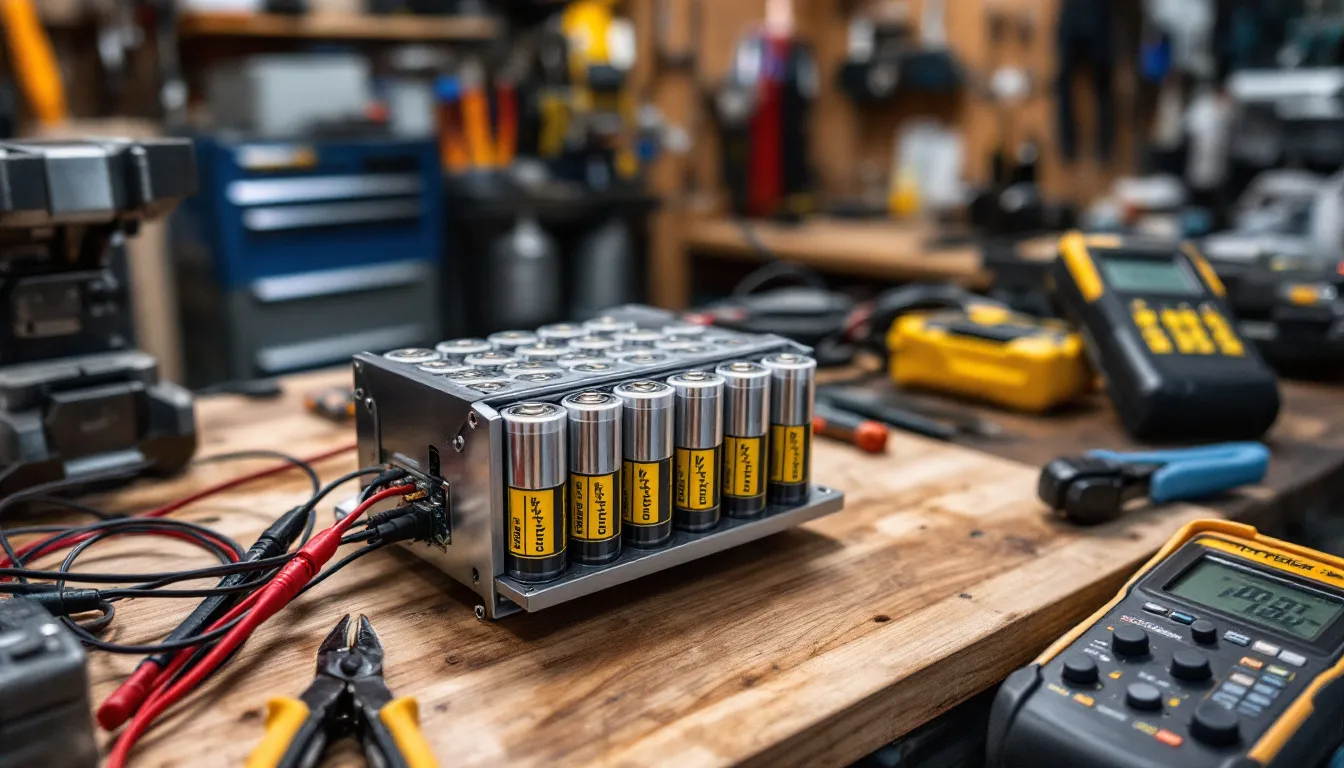 An engineer is selecting cells for a custom battery pack, focusing on lithium ion and alkaline chemistries to ensure optimal performance and quality for customers. The workspace is filled with various battery components and tools, highlighting the manufacturing process of custom batteries.