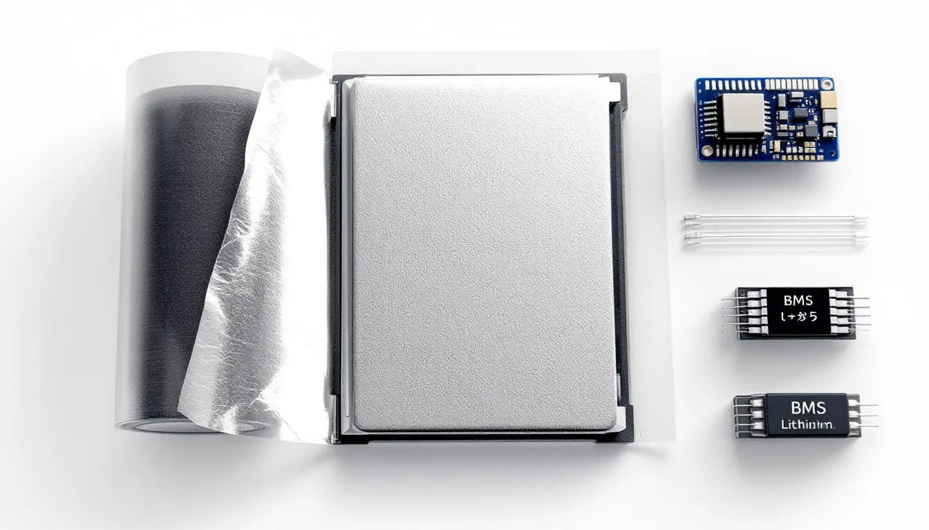 An assortment of battery components from a lithium polymer battery is displayed, showcasing internal layers including electrodes, polymer electrolytes, and protective circuits. These components are essential for the performance and energy density of lithium polymer batteries, commonly used in mobile devices and electric vehicles.