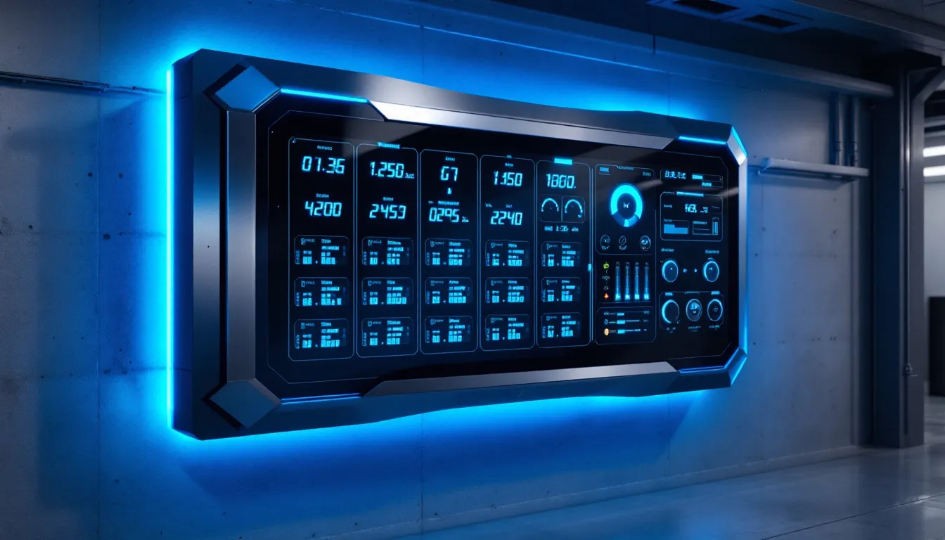 A battery monitoring system is displayed, featuring a digital interface that tracks the status of lithium ion batteries, including their charge levels and potential hazards. This system is essential for maintaining battery safety and preventing issues such as overheating or fires, particularly in devices like electric vehicles and laptops.