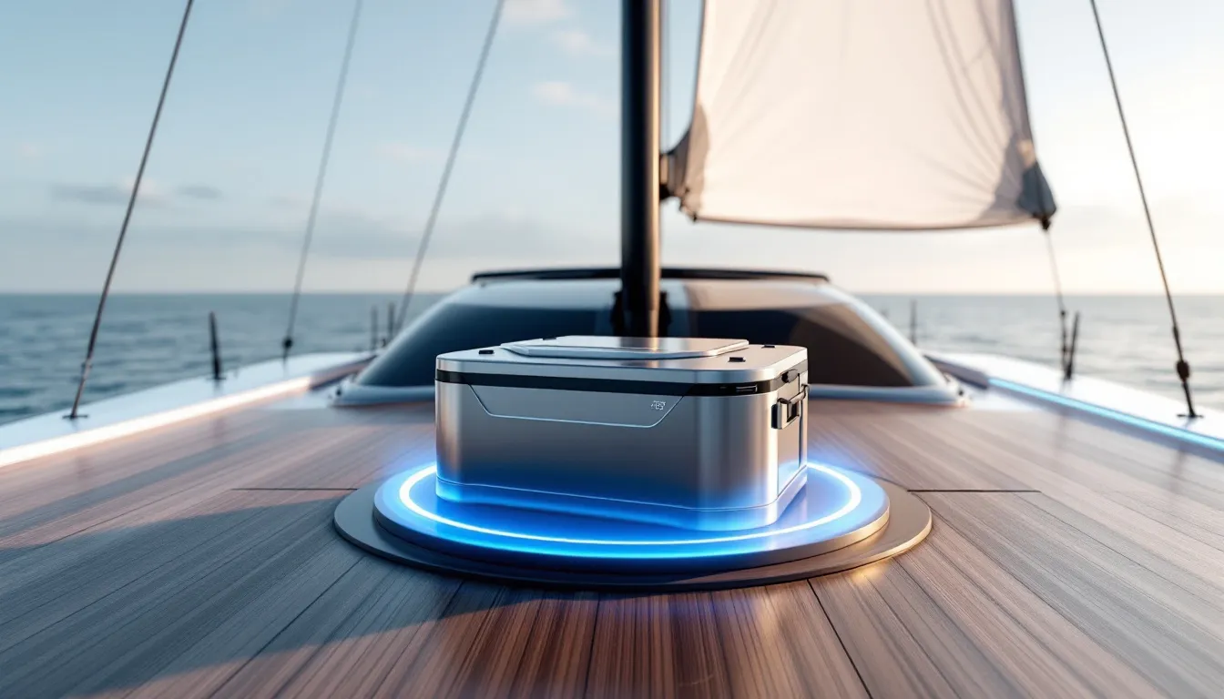 A dual purpose lithium marine battery displayed on a boat deck.