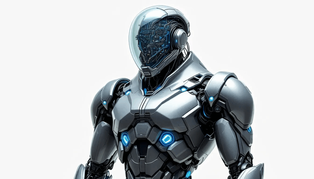 A sleek, metallic robot stands upright, showcasing its advanced design and technology. It is powered by lithium ion batteries, highlighting the importance of battery life and energy efficiency in modern robotics.