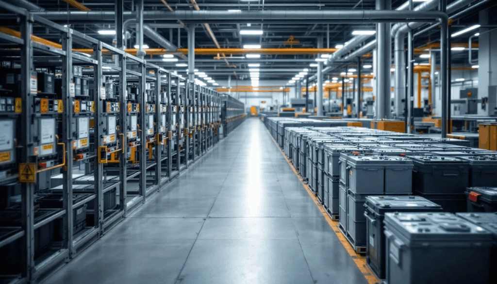 The image showcases various industrial batteries, including lithium ion and lead acid types, designed for demanding applications and long-lasting power. These batteries are essential for powering equipment in commercial and industrial settings, highlighting their superior performance and reliability.