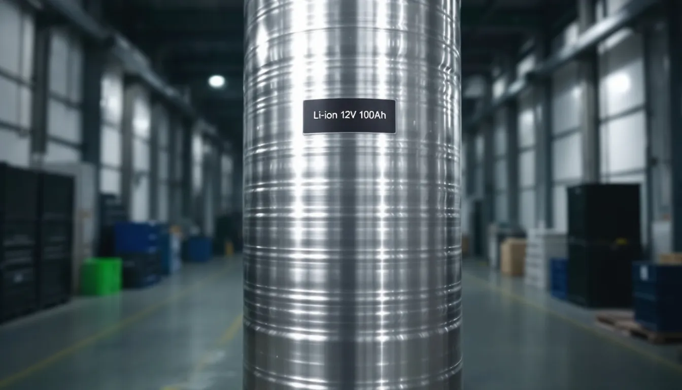 A cylindrical lithium ion battery is shown, featuring a smooth metallic surface and defined positive and negative terminals, commonly used in various electronic devices such as portable power tools, laptop computer batteries, and electric vehicles. This battery exemplifies the different lithium battery sizes available, showcasing its high energy density and rechargeable capabilities.