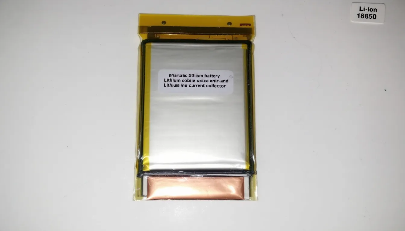 A prismatic lithium battery is shown, featuring a rectangular shape that allows for efficient use of space in various electronic devices. This type of lithium ion battery is commonly used in applications such as laptop computer batteries and electric vehicles due to its high energy density and rechargeable capabilities.