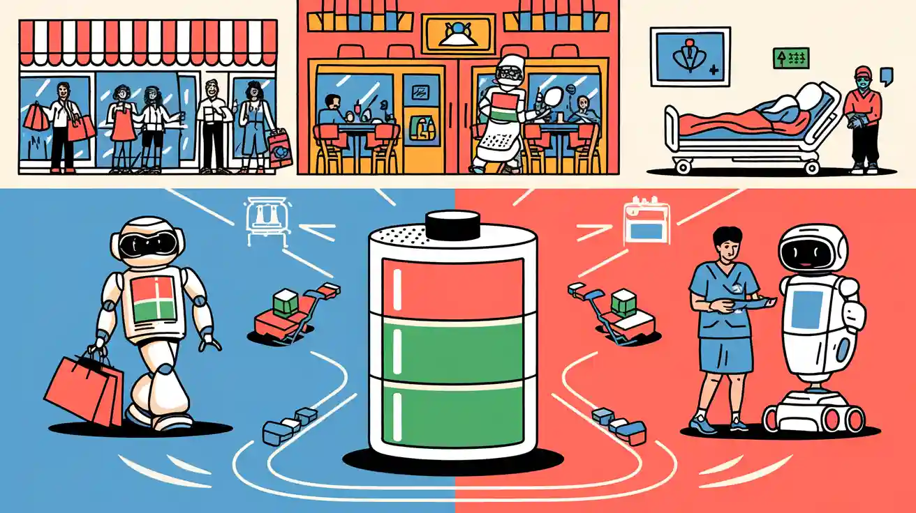 Battery Challenges and Opportunities for Service Robots in shopping malls, restaurants, and healthcare