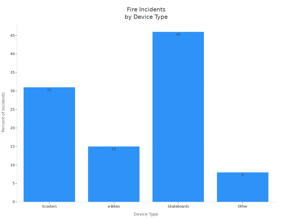 Bar chart showing fire incidents by device type for lithium battery powered medical devices