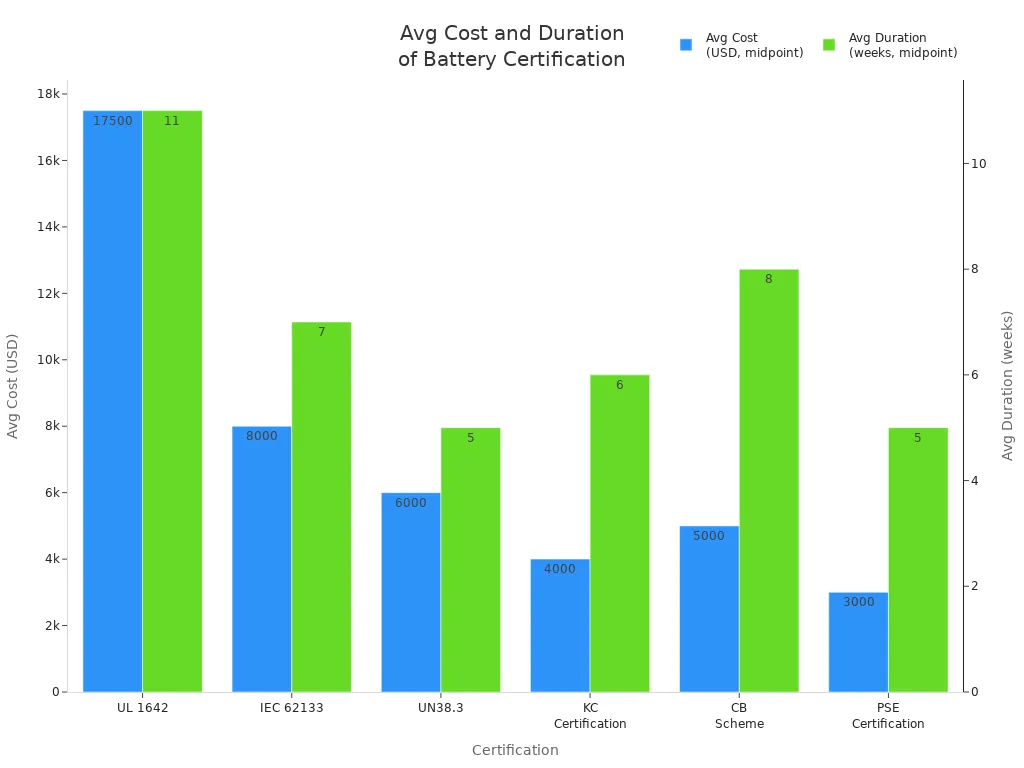 Grouped bar chart showing average cost and duration for battery certification standards