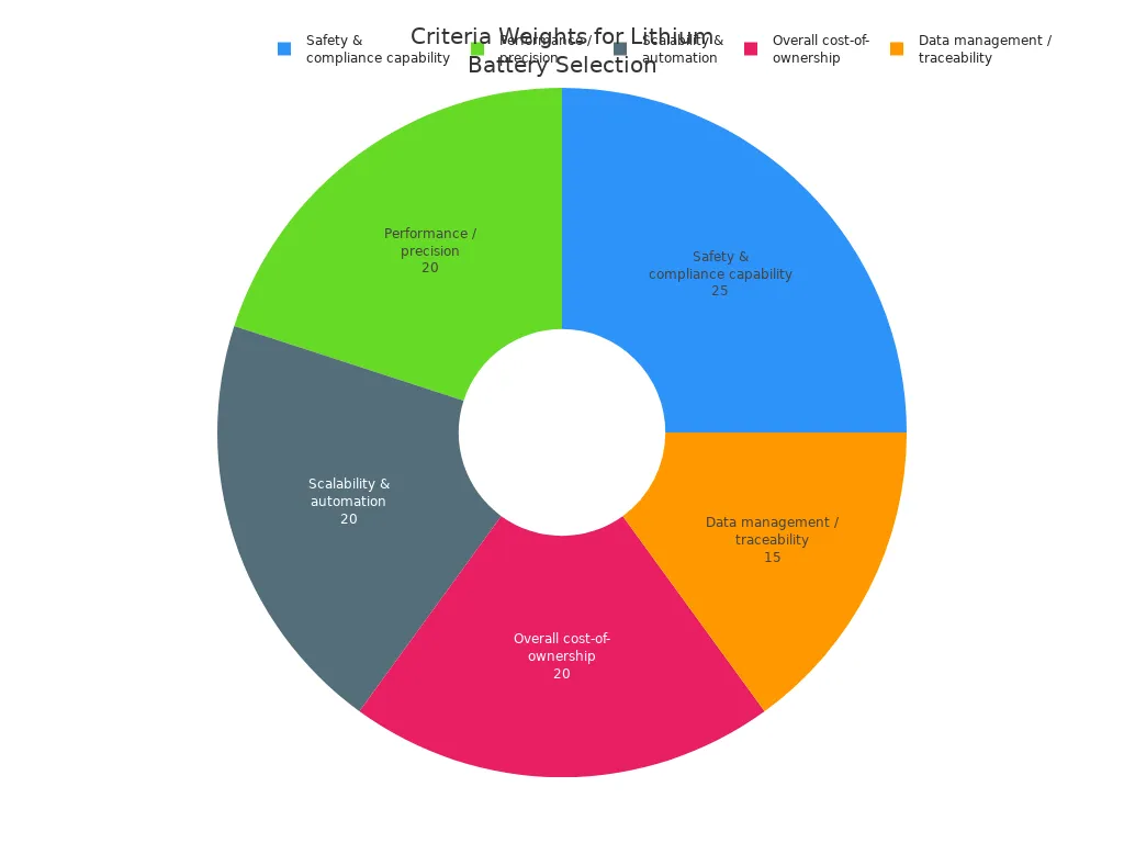 Pie chart showing weights of criteria for lithium battery selection