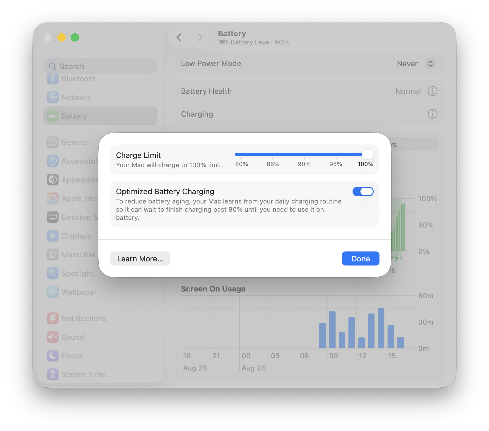 Optimized Battery Charging settings on a MacBook