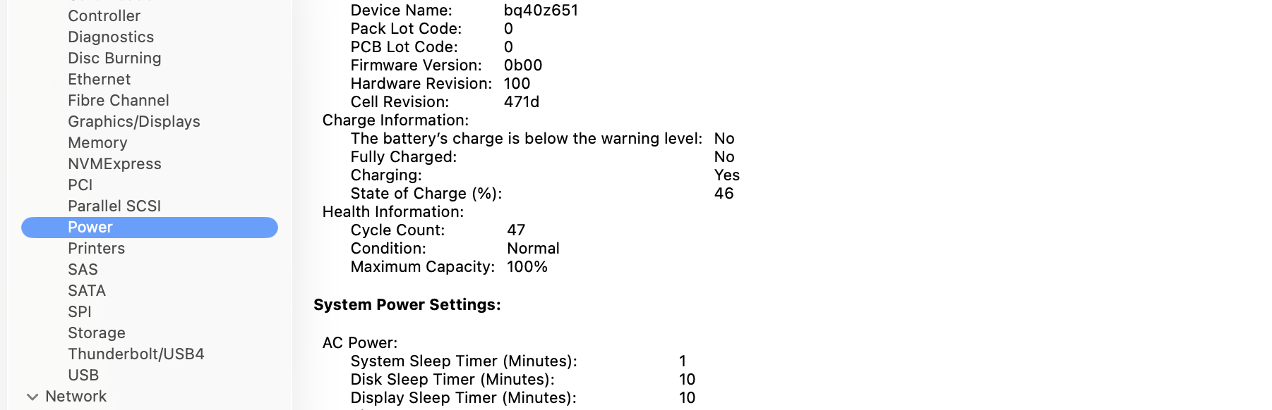 MacBook System Information showing battery cycle count