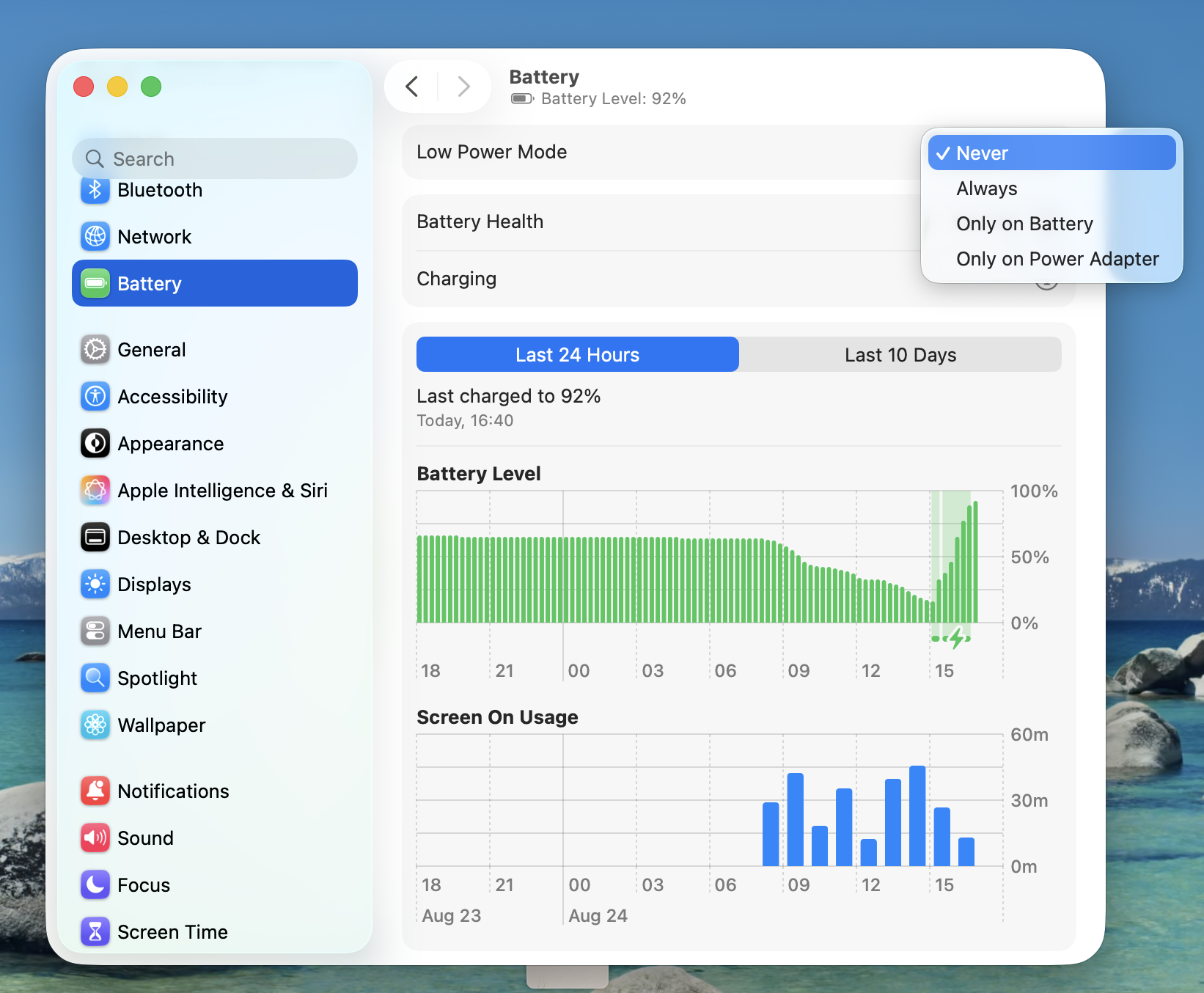 MacBook Battery settings with Low Power Mode options
