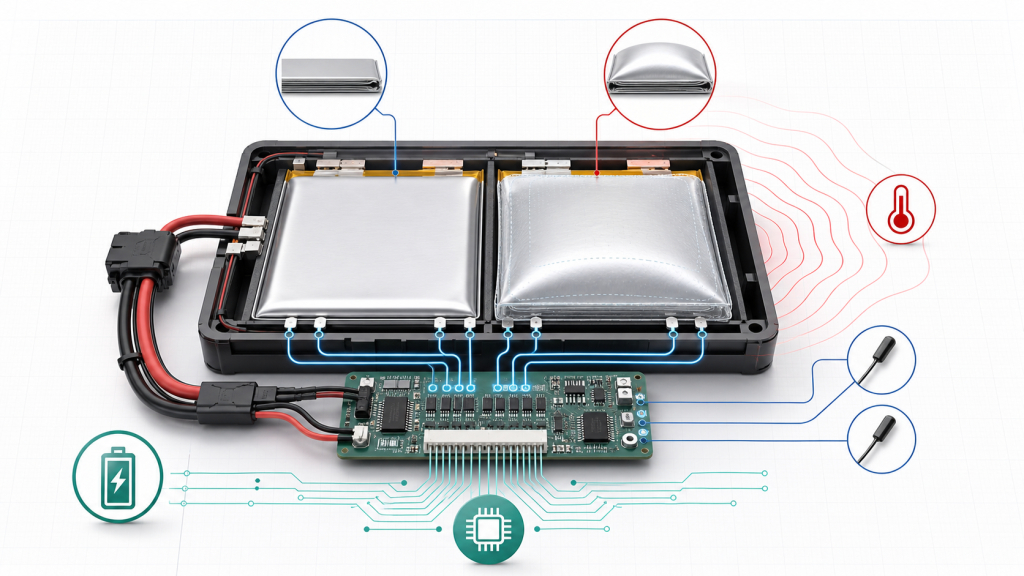 Li-Po battery swelling prevention with BMS and temperature monitoring