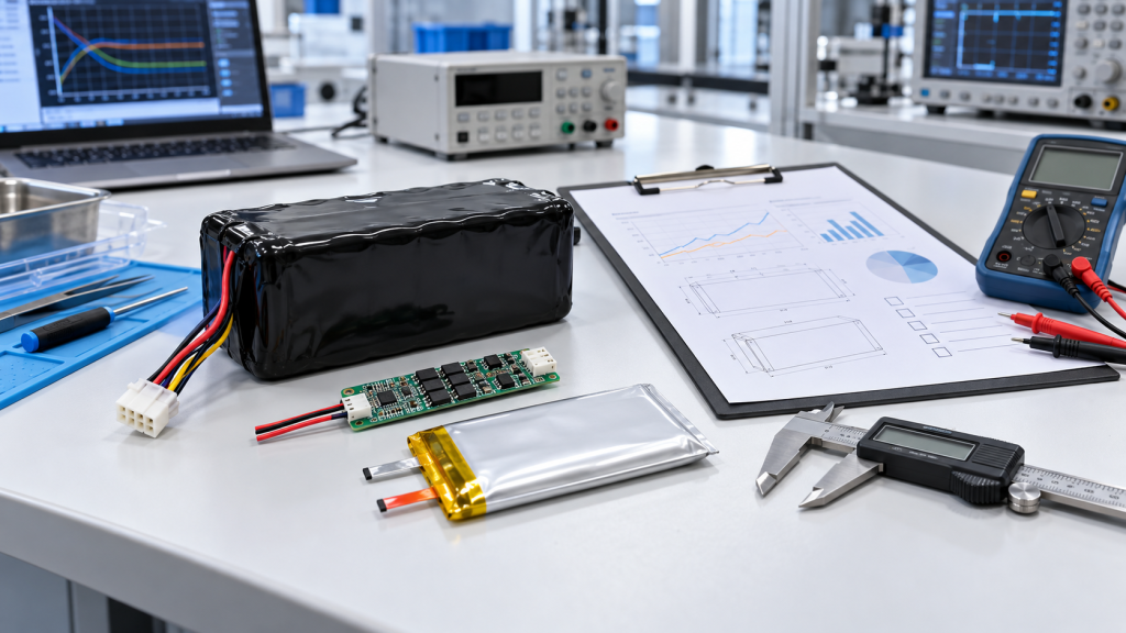 Lithium battery pack, protection circuit and technical documentation on a laboratory workbench