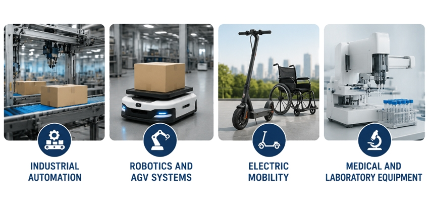 Battery-powered BLDC motor applications in industrial automation, robotics, electric mobility and laboratory equipment.