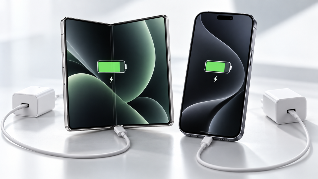 Concept illustration of a foldable smartphone and a slab smartphone charging side by side for a battery-life comparison.
